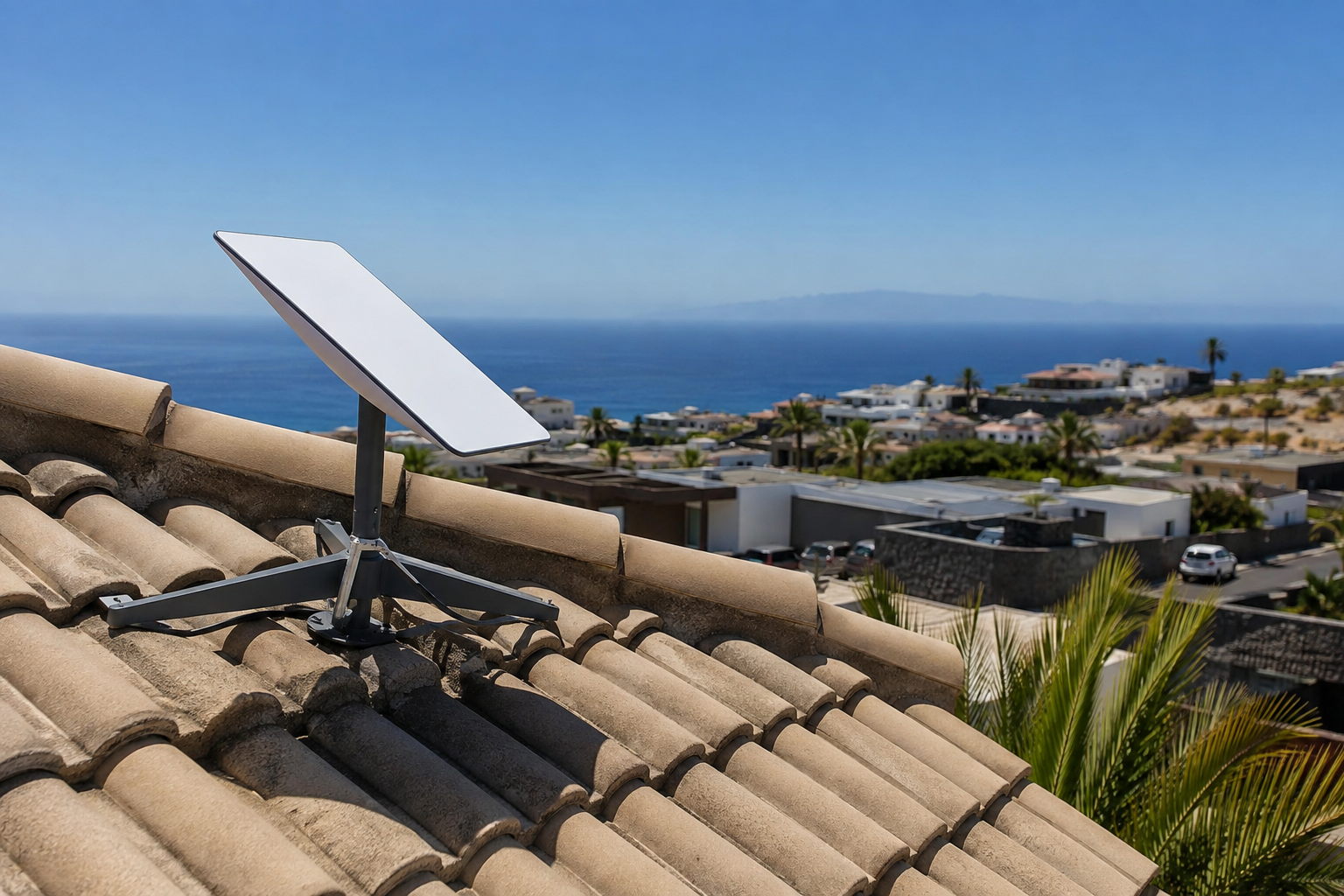Starlink dish mounted on a Tenerife villa roof with ocean view